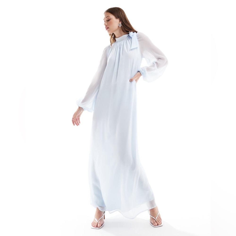 ASOS DESIGN bow neck smock maxi dress in ice blue